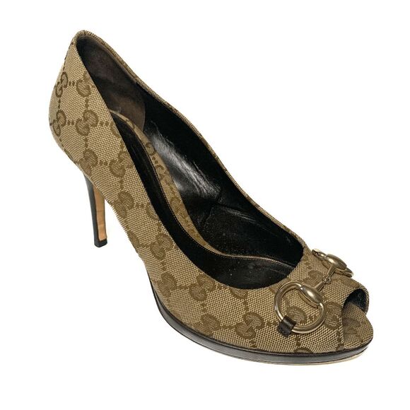 Gucci Shoes - Gucci Horsebit Monogram Canvas Logo Pumps EU 38 US 8 Beige Peep Toe High Heels